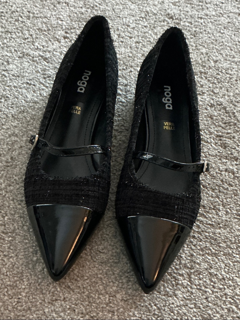 Noga Black Pointed Mary Jane Flats with Patent Toe